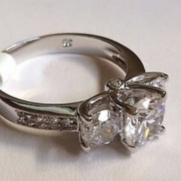 Silver Deco Engagement Ring Size 9 10 Rhodium Plated Solitaire Cubic Zirconia - Picture 4 of 8